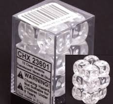 CHX 23601 Clear w/White Dice Block (12 Translucent 16mm Pipped d6 Dice)